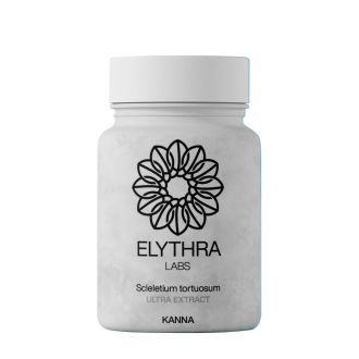 Biela fľa&scaron;tička s doplnkom v&yacute;živy označen&aacute; &bdquo;ELYTHRA LABS &ndash; Sceletium tortuosum ULTRA EXTRACT (KANNA)&ldquo; s čiernym kvetinovo-geometrick&yacute;m logom na prednej strane.